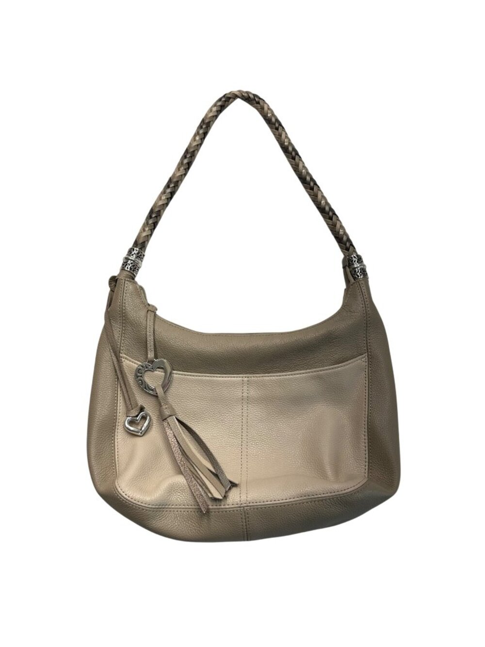 Brighton Leather Barbados Zip Top Hobo Bag Purse Tan Ivory Tassel Charm Neutral